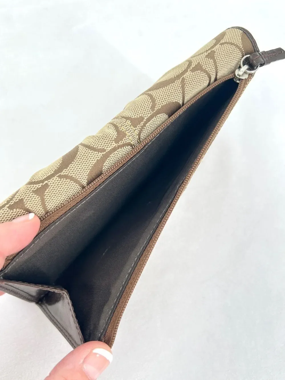 Coach Signature Canvas Khaki Jacquard Brown Leather Trifold Snap Closure Wallet